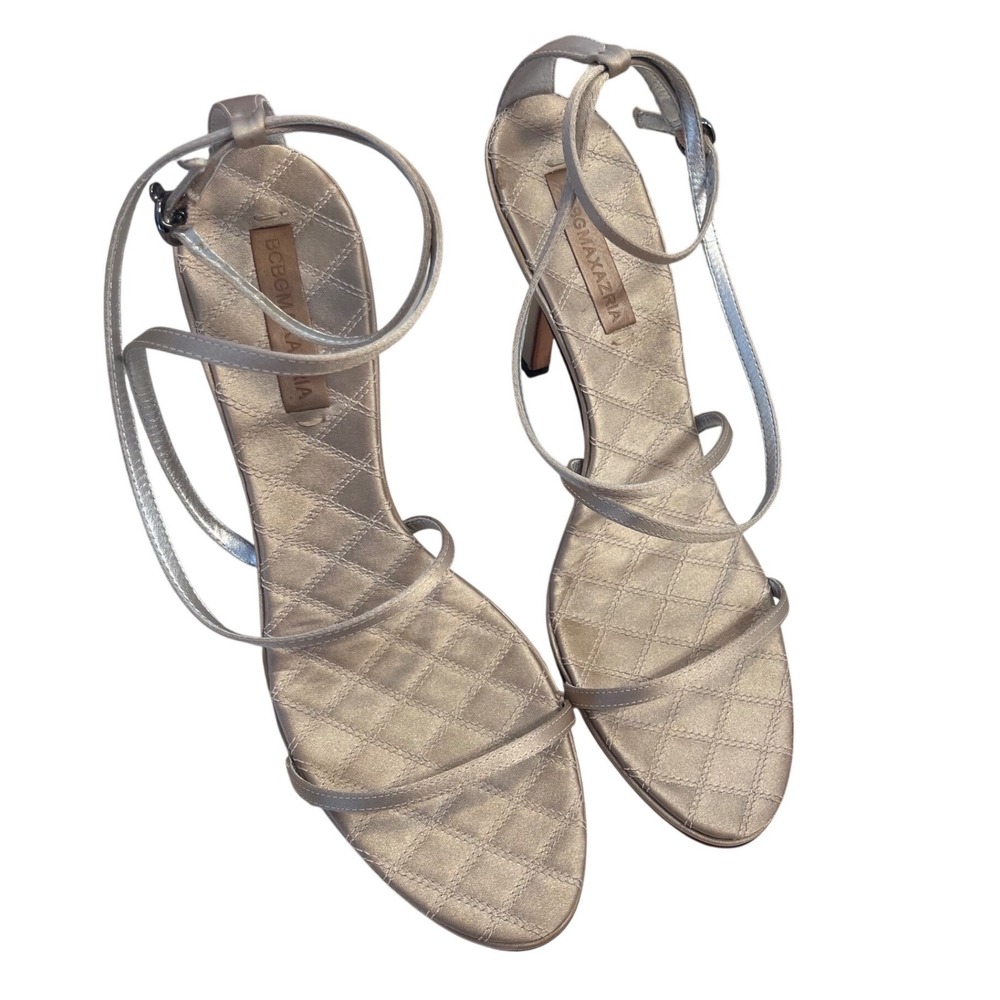Vintage Y2K BCBG Women's‎ Champagne Gold Satin Strappy Stiletto Sandals SZ 9B 39
